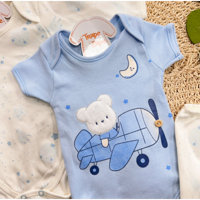 CONJ. DE MALHA 3 PEÇAS - Ursinho Aviador - Off White e Azul Claro